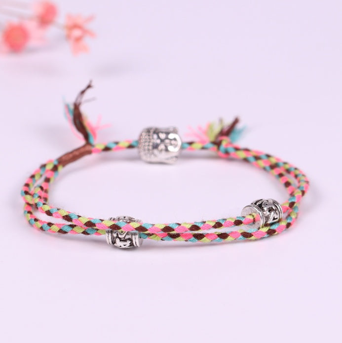 Hand-woven colorful lucky rope bracelet adjustable silver Buddha head double simple bracelet 1314373453270
