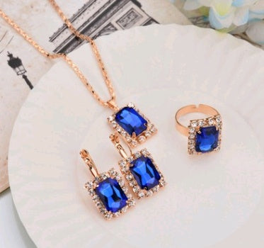 Europe And The United States Personalized Water Drop Color Diamond Necklace, Earrings, Rings Set, Shiny High-end Bridal Jewel