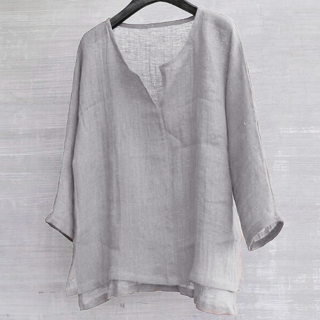 Cotton linen solid stand collar shirt 1354281450002
