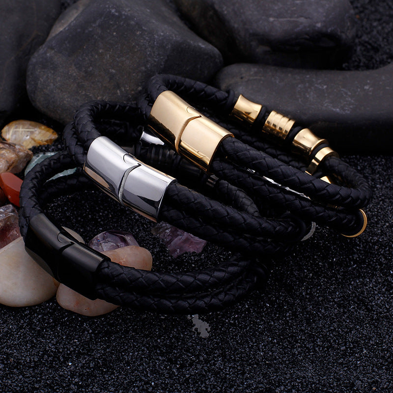 Gold Color Stainless Steel Leather Bracelet Men Black Mens Leather Wrap Bracelets Jewelry Wristband With Magnet Clasp 1393677