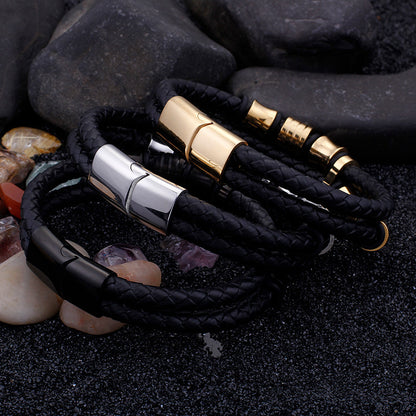 Gold Color Stainless Steel Leather Bracelet Men Black Mens Leather Wrap Bracelets Jewelry Wristband With Magnet Clasp 1393677