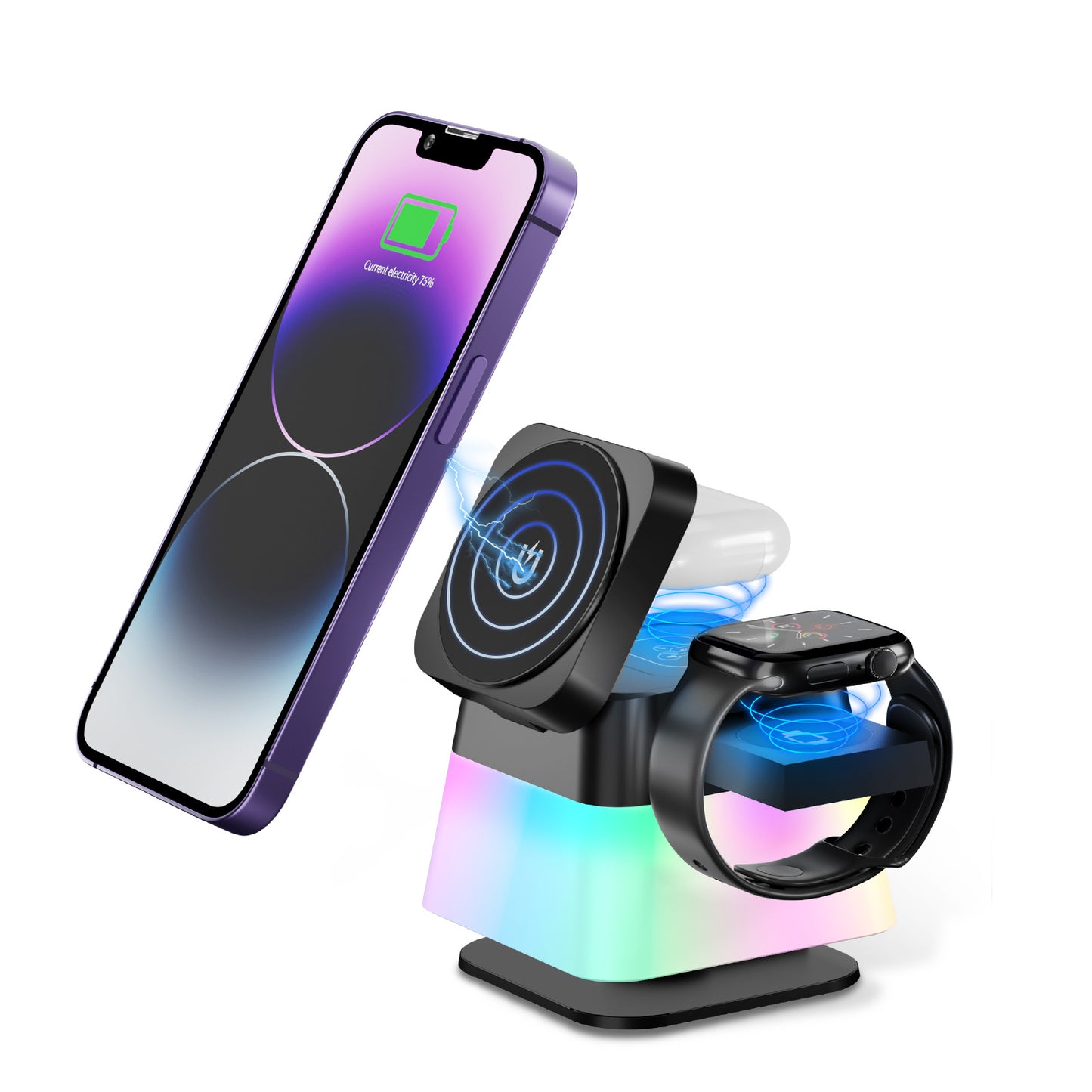 4 In 1 Rotatable Colorful Lighting Wireless Charger Stand For Phone 15 14 13 12 Pro Max 8 7 Holder Magnetic Fast Charging Station - 图片 5