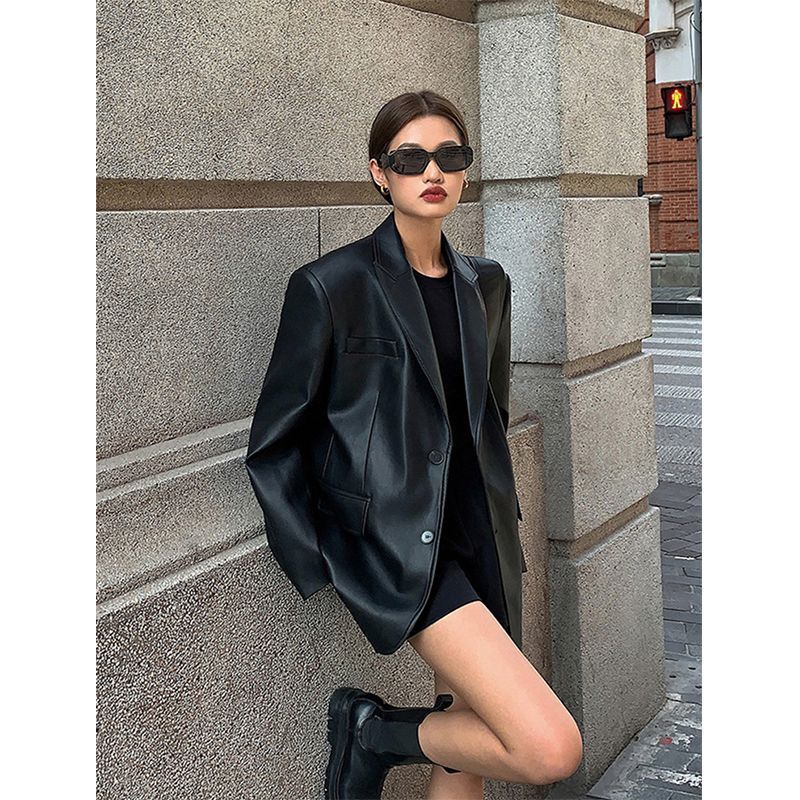 Women's Black Pu Suit Leather Coat 13b44973 b9b2 4594 a128 5fb41b1cbaaf