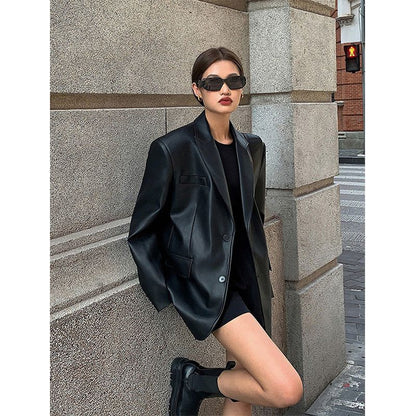 Women's Black Pu Suit Leather Coat 13b44973 b9b2 4594 a128 5fb41b1cbaaf