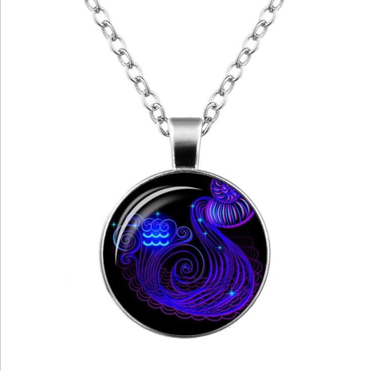 Twelve Constellation Time Gemstone Glass Pendant Necklace 1402469662151