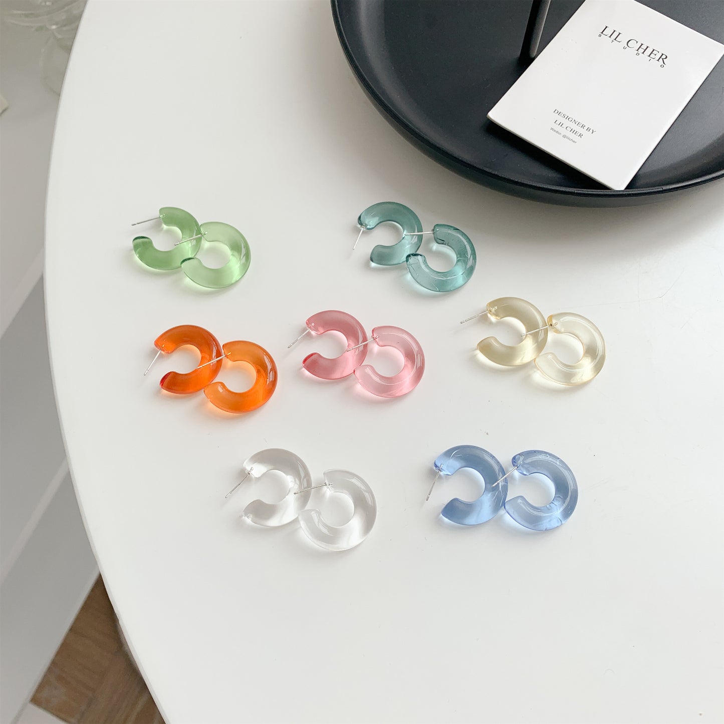 Sterling Silver Needle Transparent Jelly Color C- Shaped Earrings Japanese And Korean Temperamental All-match Face Slimming E