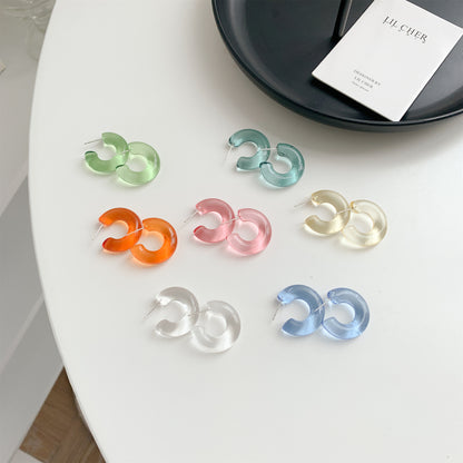 Sterling Silver Needle Transparent Jelly Color C- Shaped Earrings Japanese And Korean Temperamental All-match Face Slimming E