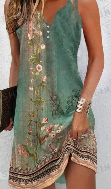 Women's Summer Holiday Floral Print Sleeveless V-Neck Loose Dress With Slit 14206ada b566 498e bc52 5f450e455201