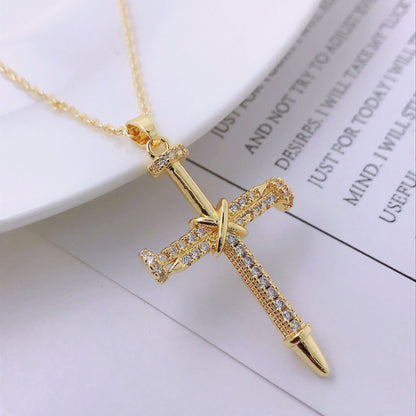 14K Gold Personality Hip Hop Clavicle Chain Nail Cross Necklace Pendant - HD Wireless Product #4