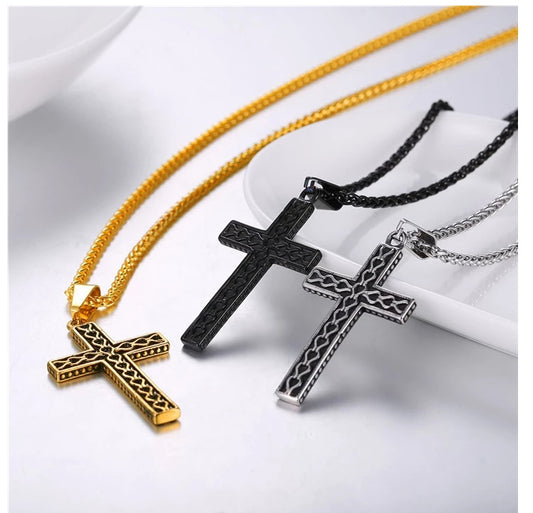 316L stainless steel gold plated christianity jewelry unique black mens vintage cross necklace with chain - HD Wireless Product #1