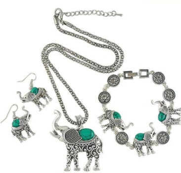 European and American retro turquoise elephant carved three-piece suit jewelry 1453152944815