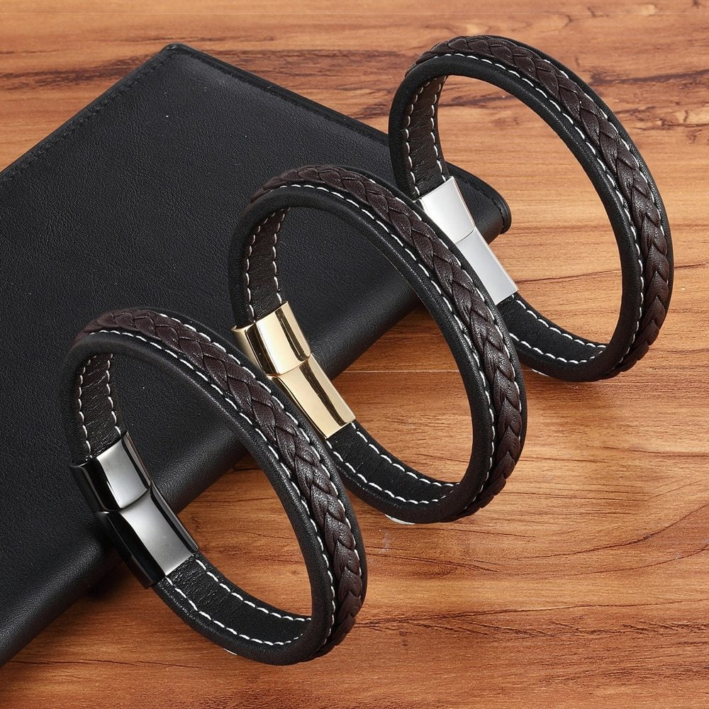 Cross woven design leather bracelet stainless steel magnetic buckle bracelet 1484048967680