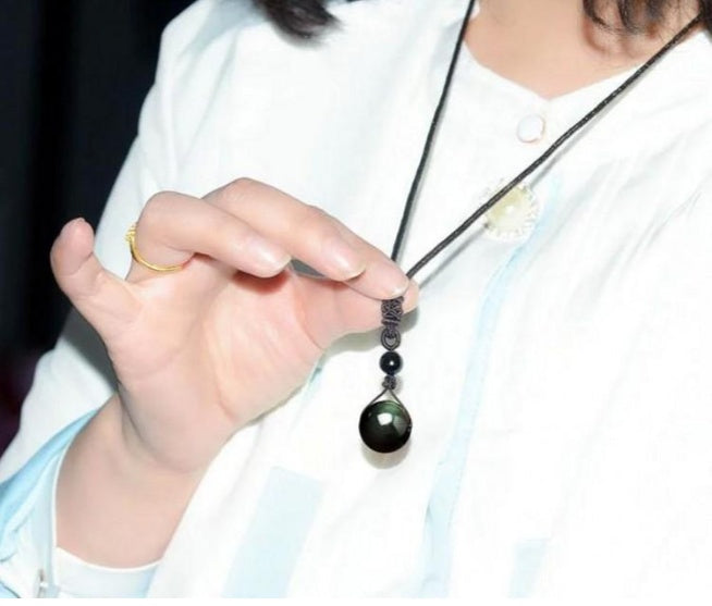 Natural Obsidian Rainbow Eye Transfer Good Luck Bead Pendant Necklace Polyester Rope Chain Necklace Jewelry For Woman 1488991
