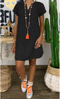 Summer Loose Solid Color Short Sleeved V Neck Cotton And Linen Dress Women 14cb5fea ae7b 44ff b014 8c181bd6f270