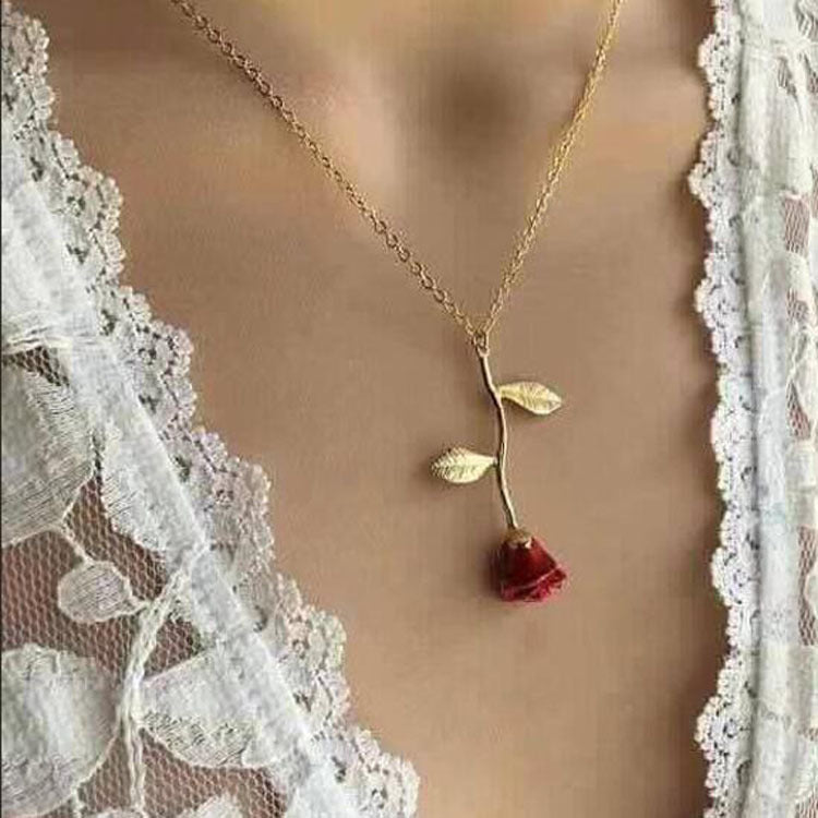 Alloy Red Rose Flower Pendant Necklace 1501302196626