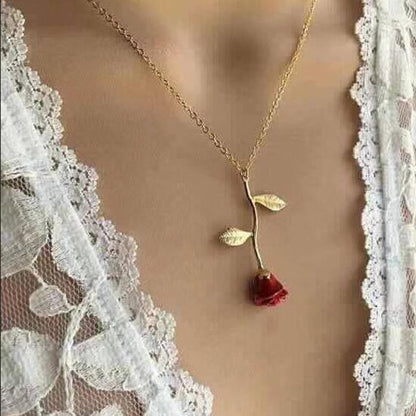 Alloy Red Rose Flower Pendant Necklace 1501302196626