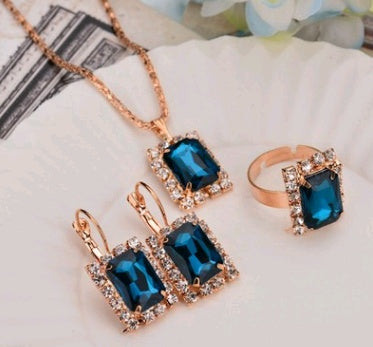 Europe And The United States Personalized Water Drop Color Diamond Necklace, Earrings, Rings Set, Shiny High-end Bridal Jewel