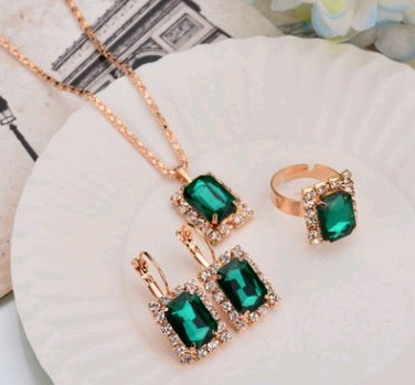 Europe And The United States Personalized Water Drop Color Diamond Necklace, Earrings, Rings Set, Shiny High-end Bridal Jewel