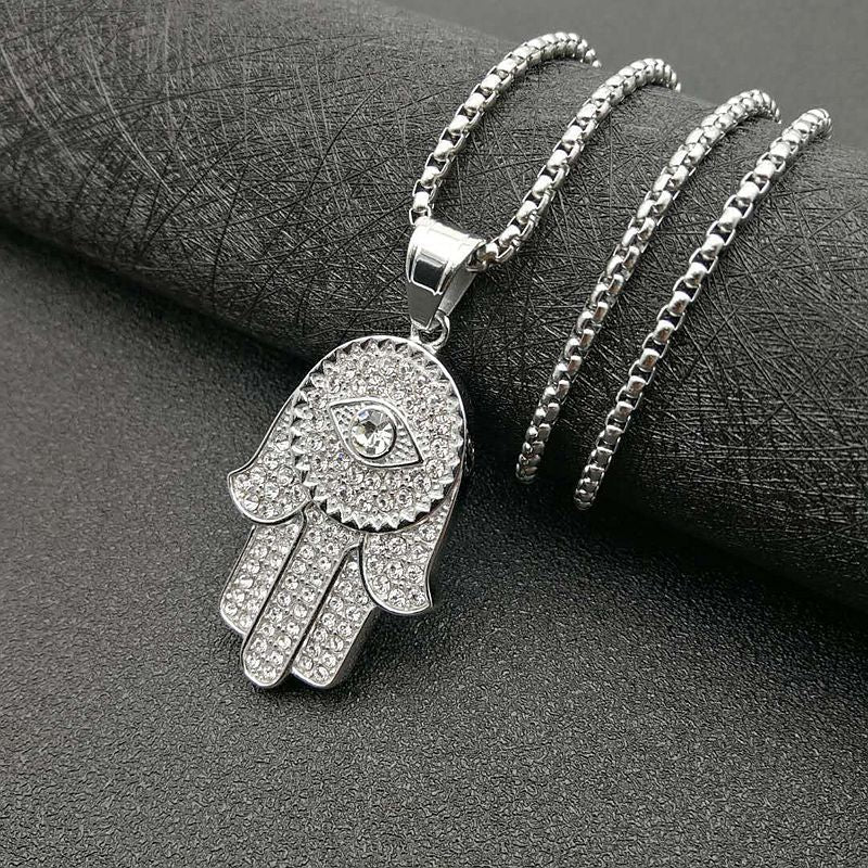 European And American Titanium Steel Gold Plated Diamond Hand Of Fatima Pendant Necklace 154255a9 a40f 4496 b32f 6d656ebf020f