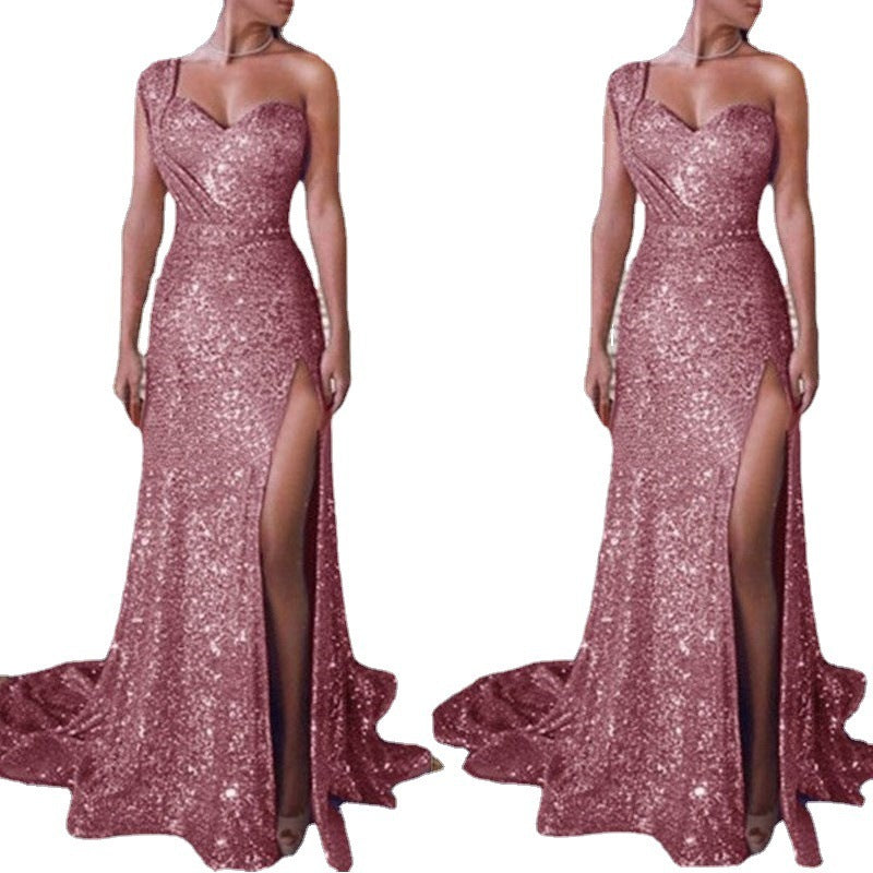 Women's Clothing One-shoulder Sleeveless Bronzing Split Dress 159cc0b8 a10c 4edc a287 d99d0f4b6077