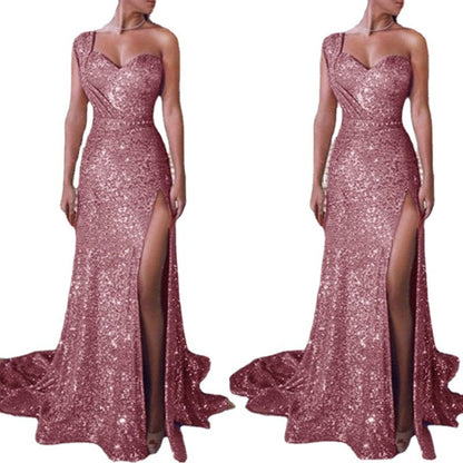 Women's Clothing One-shoulder Sleeveless Bronzing Split Dress 159cc0b8 a10c 4edc a287 d99d0f4b6077
