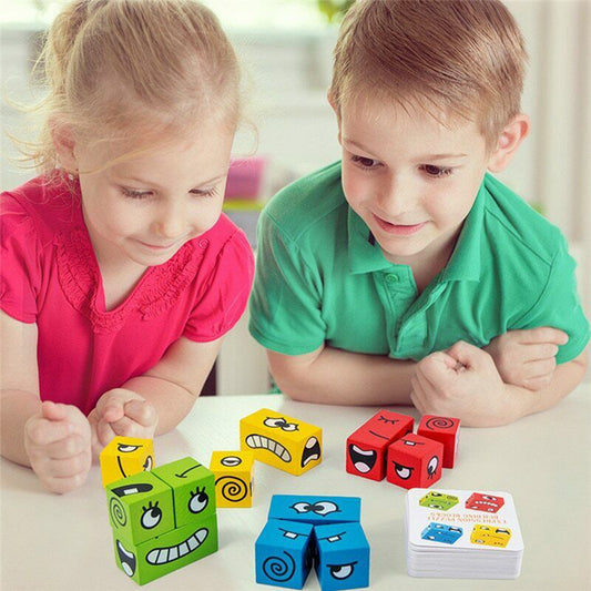 Wooden Expressions Toy Wooden Magic Cube Face Pattern Building Blocks Educational Montessori Toys Wooden Matching Block Puzzl
