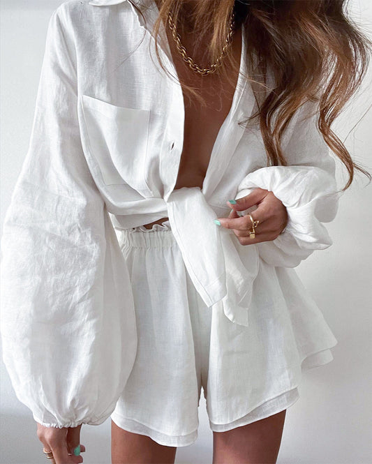 European And American Cotton Linen Women's Long-sleeved Top Ruffle Shorts Two-piece Casual Fashion White Suit 15f486c4 eaba 4
