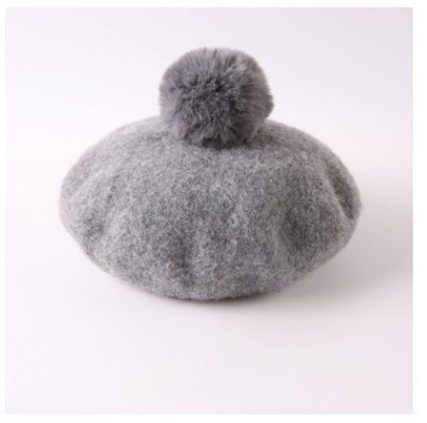 Rabbit Fur Ball Wool Woolen Cloth Sky Blue Beret Painter Hat 1612181480405