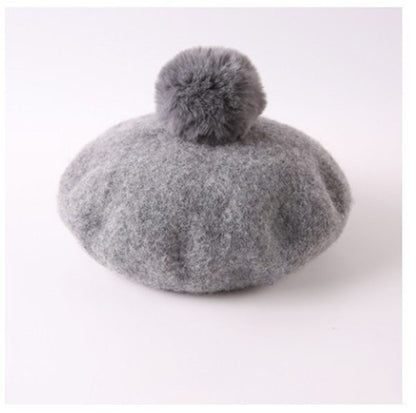 Rabbit Fur Ball Wool Woolen Cloth Sky Blue Beret Painter Hat 1612181480405