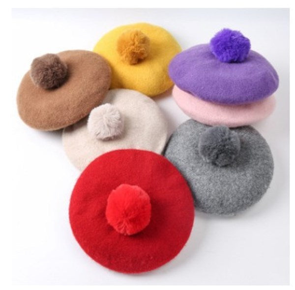 Rabbit Fur Ball Wool Woolen Cloth Sky Blue Beret Painter Hat 1612181480409