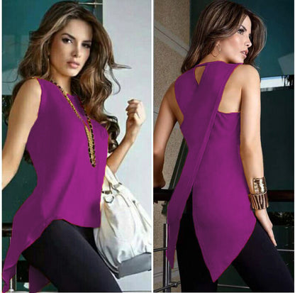 Europe and the United States spring and summer irregular fashion sleeveless back crossover shirt T-shirt 1612945906618