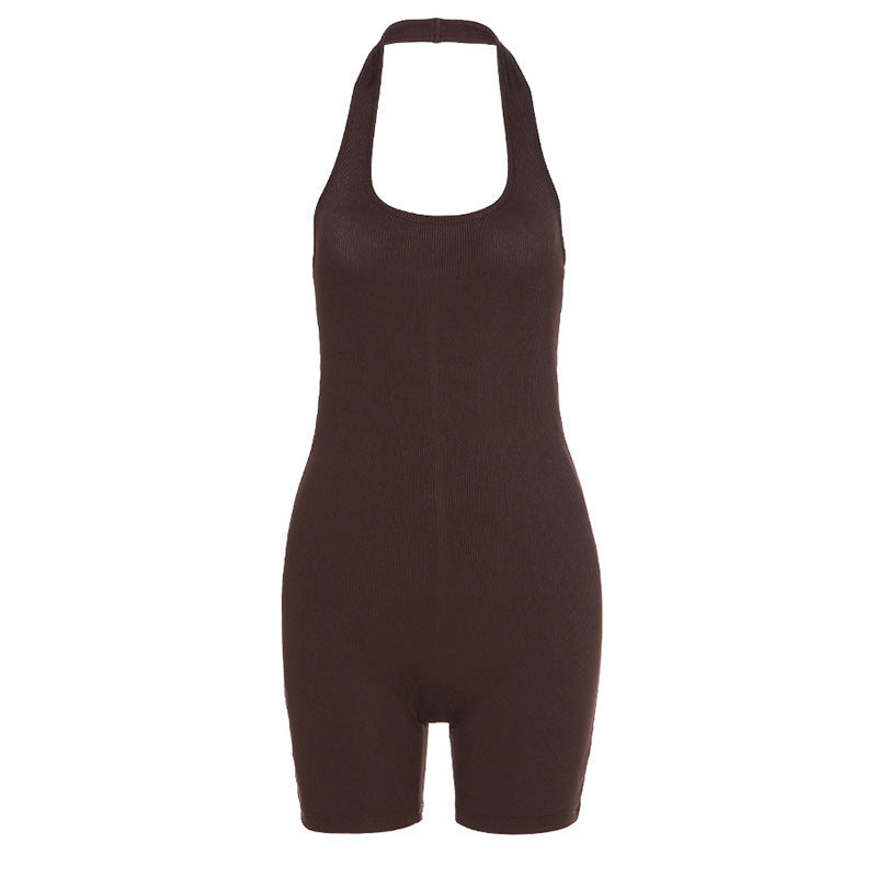 Pure Color Sexy Halter  Short Sports Jumpsuit 1613798219138