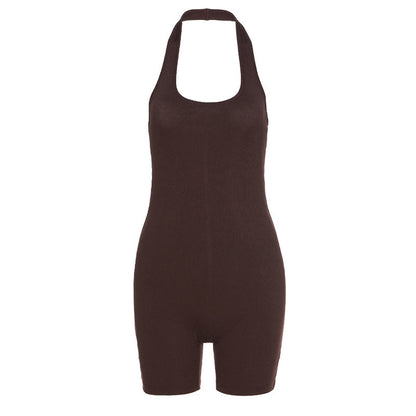 Pure Color Sexy Halter  Short Sports Jumpsuit 1613798219138