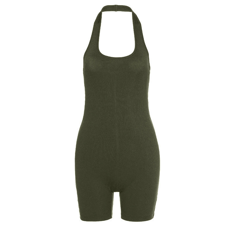 Pure Color Sexy Halter  Short Sports Jumpsuit 1613798219401