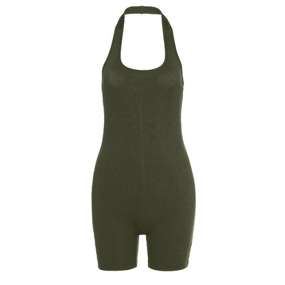 Pure Color Sexy Halter  Short Sports Jumpsuit 1613798219401