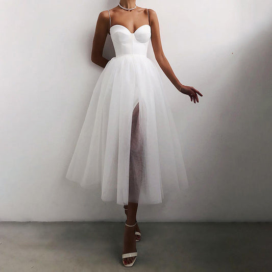 Pure Color Mesh French Retro Dress European And American Tube Top Suspender Skirt 1614769095554