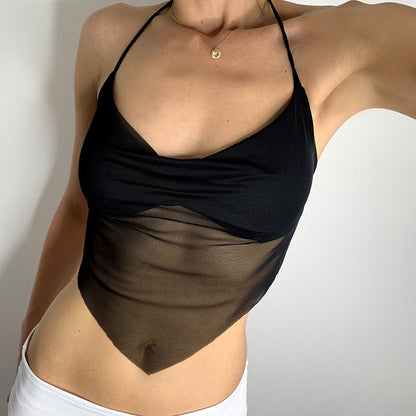 Sexy mesh pleated open back lace-up scarf vest 1615426232459