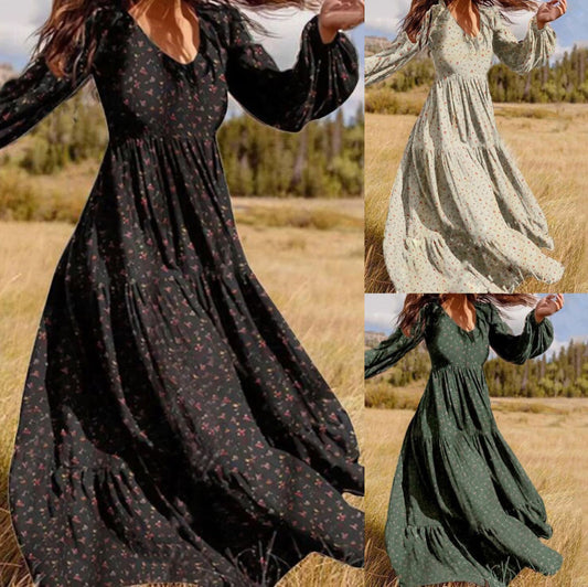 Long Sleeved Printed Dress Female V Neck Lantern Sleeve Stitching Large Swing Dress 1615788186491