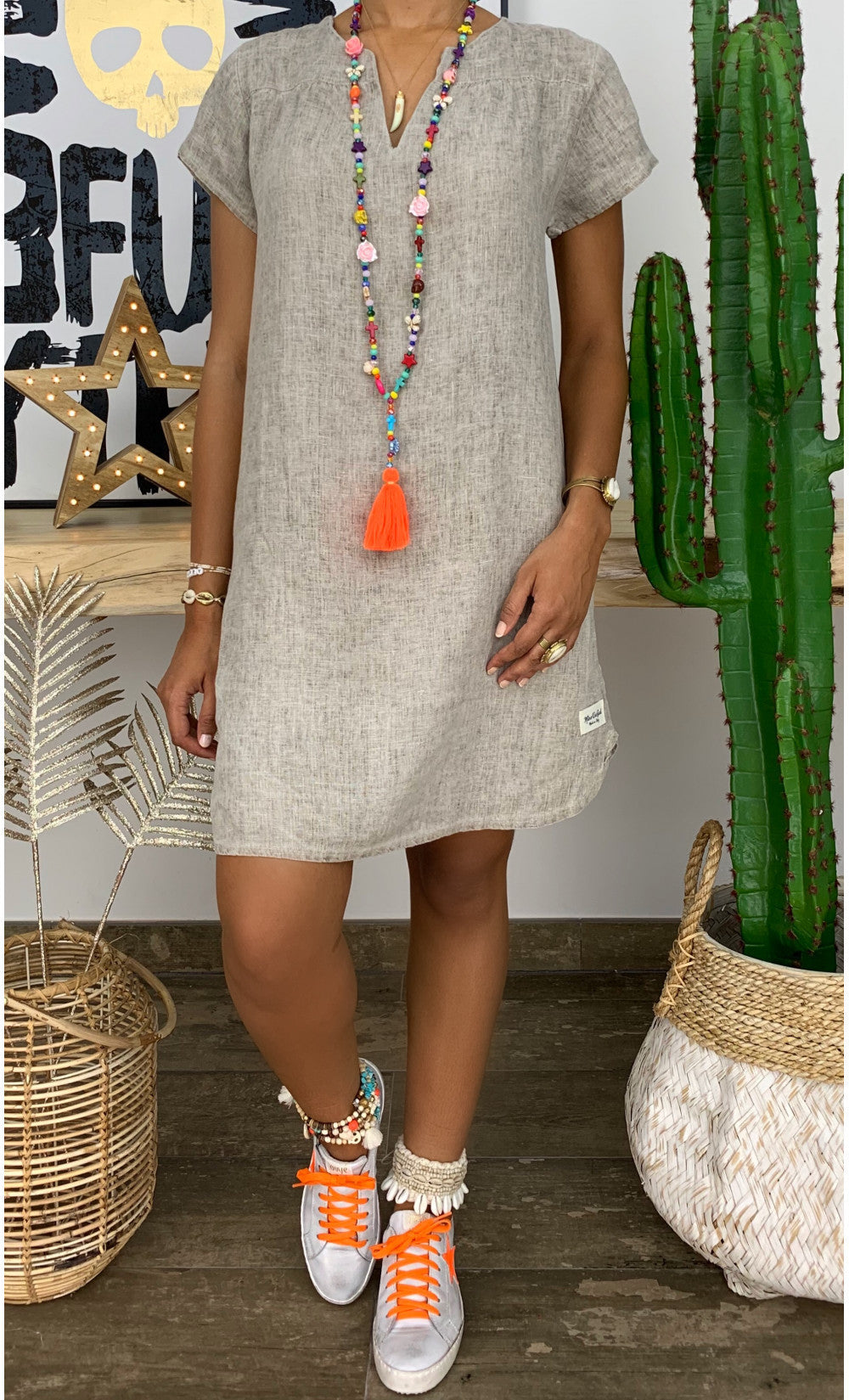 Summer Loose Solid Color Short Sleeved V Neck Cotton And Linen Dress Women 1616313802758