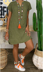 Summer Loose Solid Color Short Sleeved V Neck Cotton And Linen Dress Women 1616313802766
