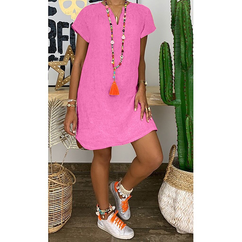 Summer Loose Solid Color Short Sleeved V Neck Cotton And Linen Dress Women 1616313802772