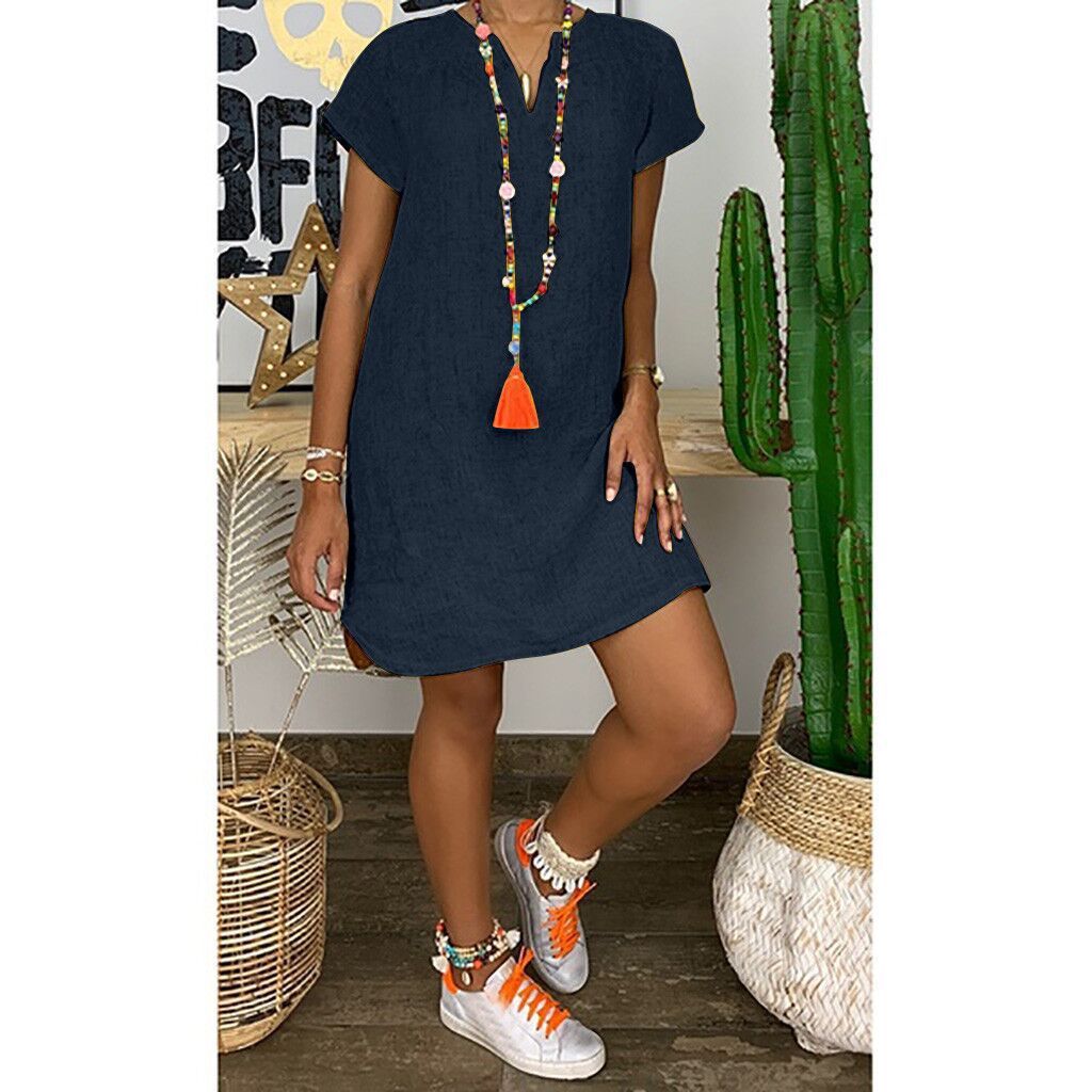 Summer Loose Solid Color Short Sleeved V Neck Cotton And Linen Dress Women 1616313802775