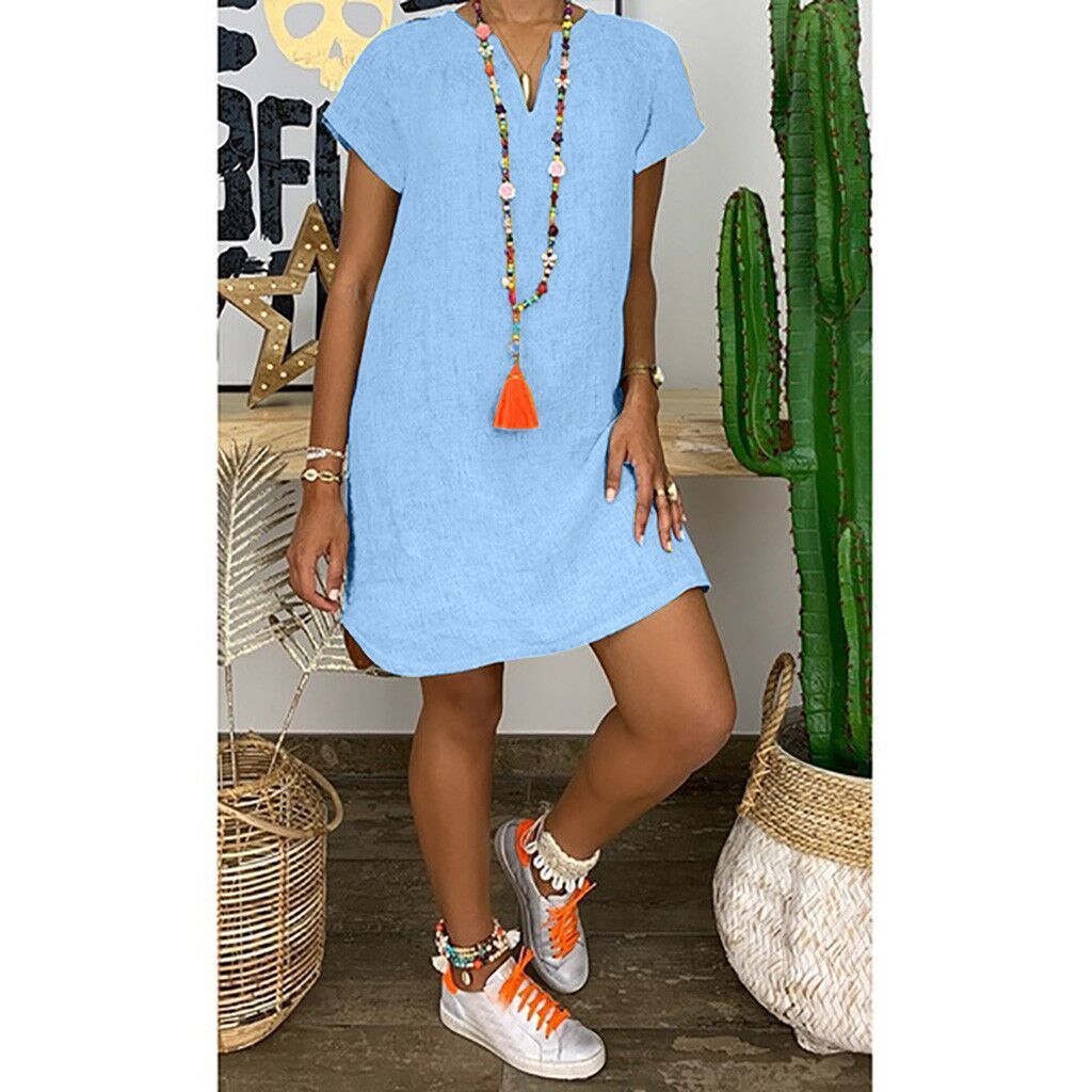 Summer Loose Solid Color Short Sleeved V Neck Cotton And Linen Dress Women 1616313803036