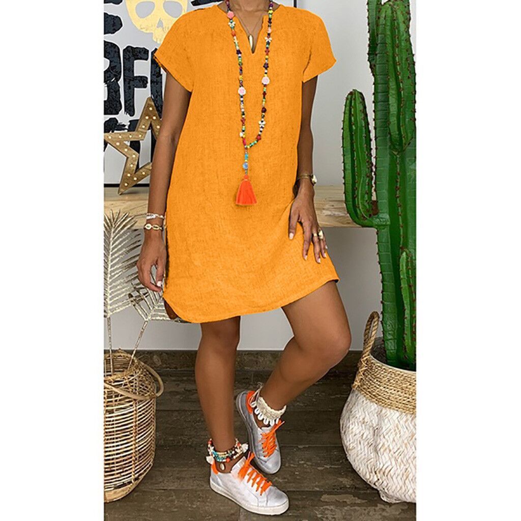 Summer Loose Solid Color Short Sleeved V Neck Cotton And Linen Dress Women 1616313803038
