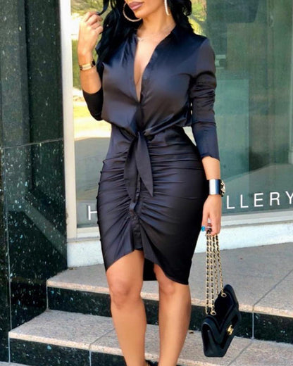 Women Lace-up Solid Color Long Sleeve Midi Dress Shirt Dress Elegant Fashion Party Dress 1616400130777