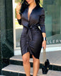 Women Lace-up Solid Color Long Sleeve Midi Dress Shirt Dress Elegant Fashion Party Dress 1616400130777