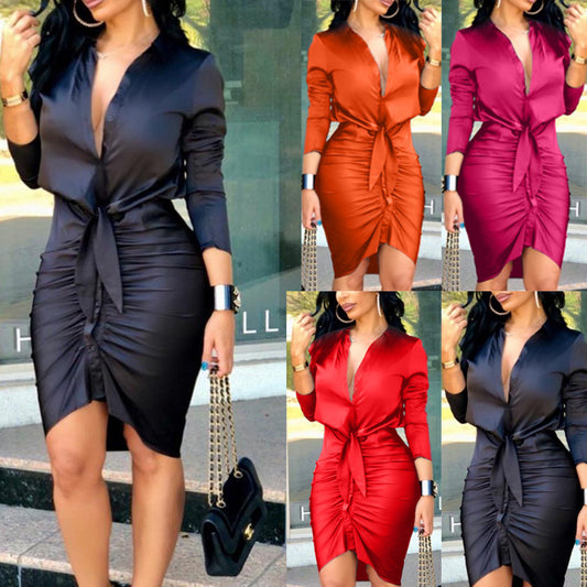 Women Lace-up Solid Color Long Sleeve Midi Dress Shirt Dress Elegant Fashion Party Dress 1616400130782