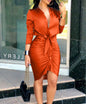 Women Lace-up Solid Color Long Sleeve Midi Dress Shirt Dress Elegant Fashion Party Dress 1616400130797