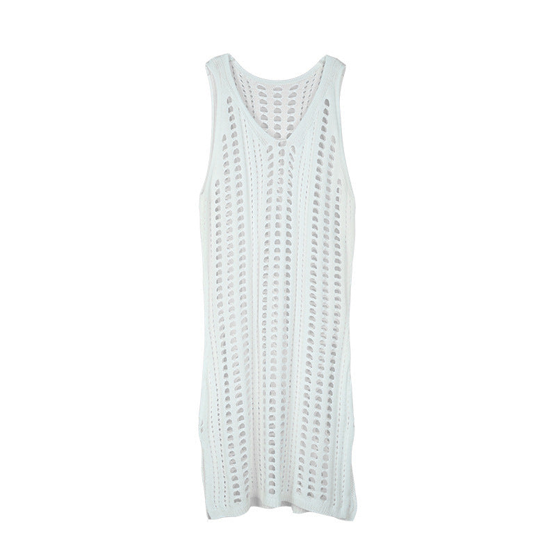 Sexy Hollow Out Beach Dress Women V Neck Sleeveless Crochet Swimsuit Cover Up Vestidos Female Bathing Suit 1617356733321