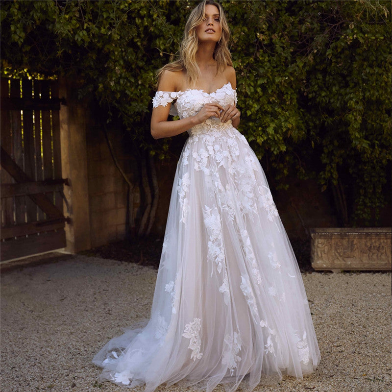 Lace Wedding Dresses Off The Shoulder Appliques A-Line Bride Dress Princess Wedding Gown Bridal Dress 1618038751472